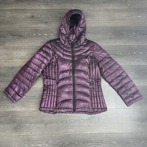 Andrew Marc Packable Down Puffer Jacket‎ Hood Metallic Purple Full Zip Womens XL